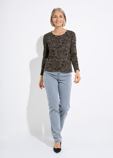T-shirt jacquard fleuri col rond Noir/Camel