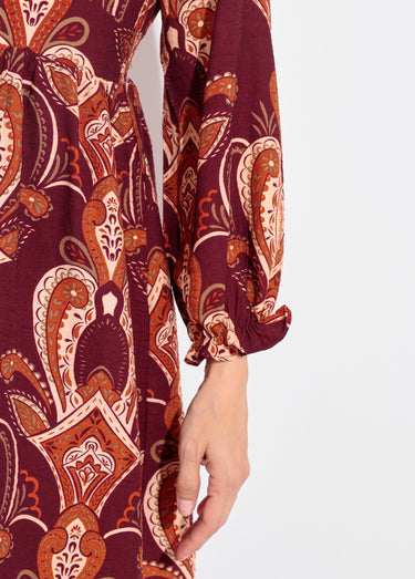 Robe courte col V imprimé cachemire Bordeaux