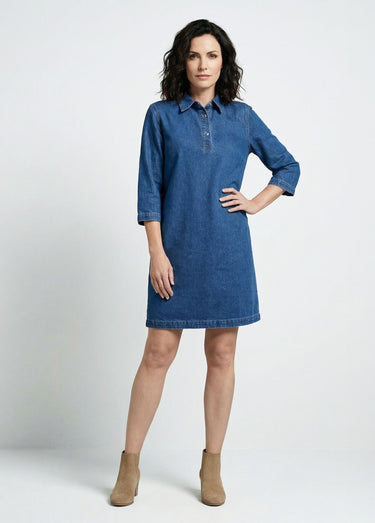 Robe droite en denim avec col chemise Bleu denim