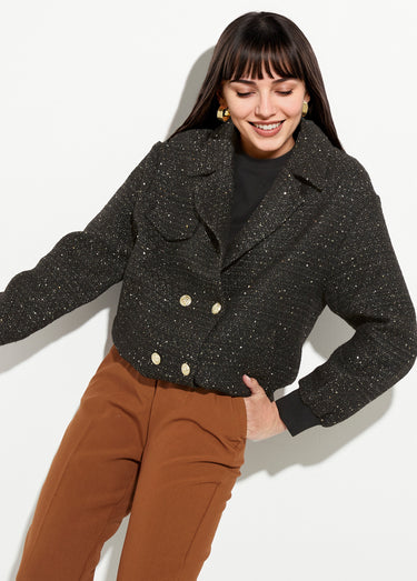 Blouson teddy tweed et détails couture Noir