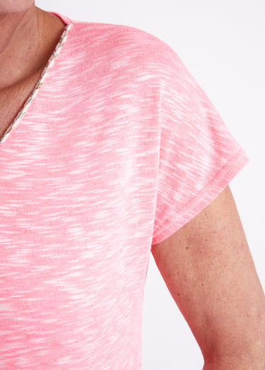T-shirt col V fluo en maille flammée Rose