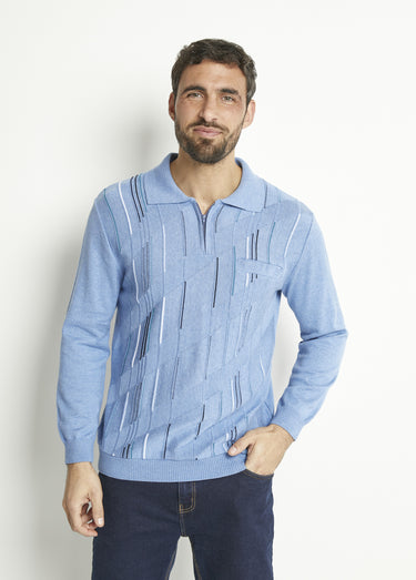 Pull col polo zippé manches longues coton jacquard Bleu