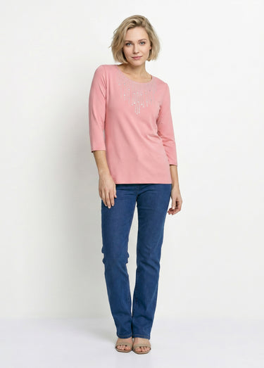 T-shirt manches 3/4 clouté fantaisie Rose