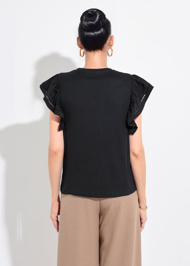 T-shirt manches courtes volantées ajourées Noir