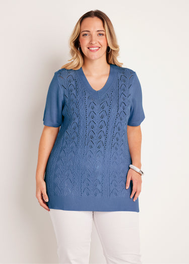 Pull-tunique long col V Bleu
