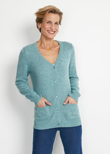 Gilet col V boutonné brodés strassé Vert