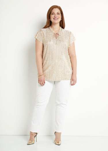 T-shirt long imprimé doré manches courtes Beige