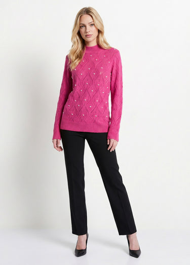 Pull doux ajouré perlé col montant Rose