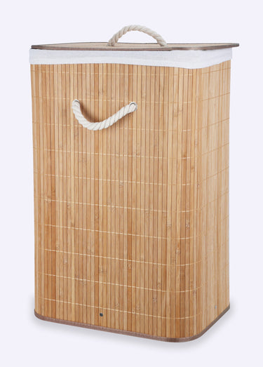 Panier à linge bambou, poignées cordes Blanc/Bambou