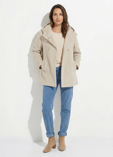 Veste manteau lainage tweed double boutonnage capuche Beige
