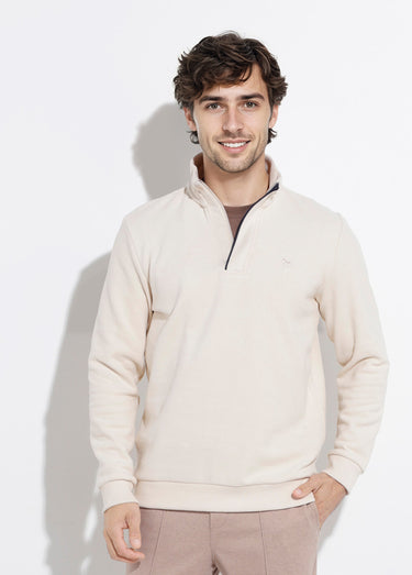 Pull épais jersey de coton, col zippé Beige