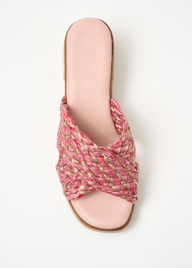 Mules largeur confort raphia tressé Vieux Rose/Dore