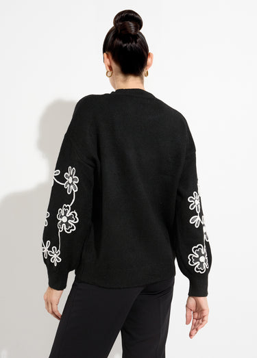 Pull montant application fleurs brodées Noir