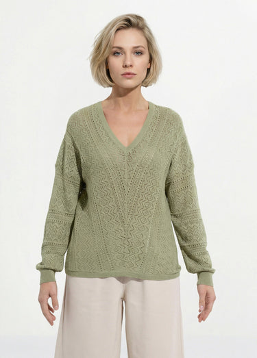 Pull maille ajourée col V Olive