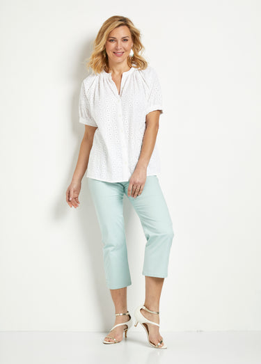 Chemisier ample coton brodé sans col Blanc
