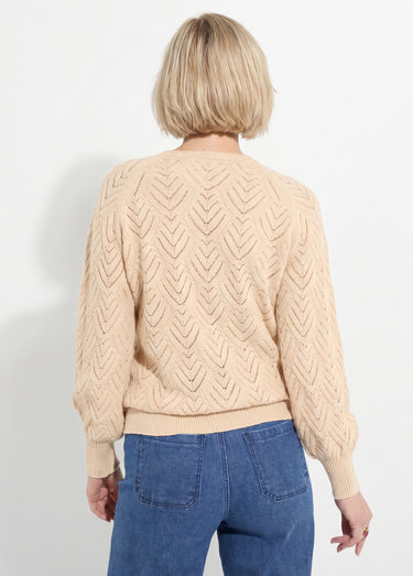 Pull doux court col rond uni ajouré Beige
