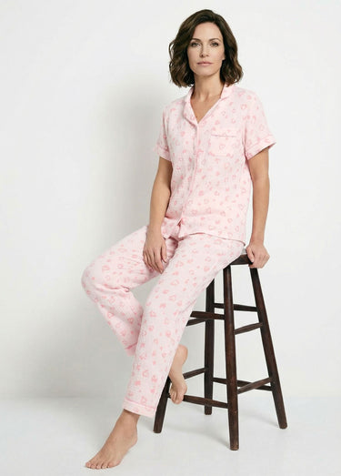 Pyjama boutonné gaze de coton imprimée Rose