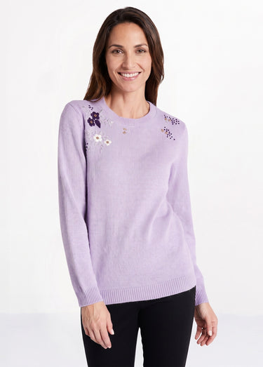 Pull doux uni brodé col rond manches longues Lilas