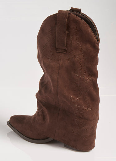 Bottes froissées brodées style cow girl Marron