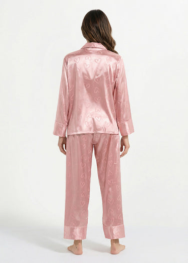 Pyjama long satin avec coeurs imprimés Rose