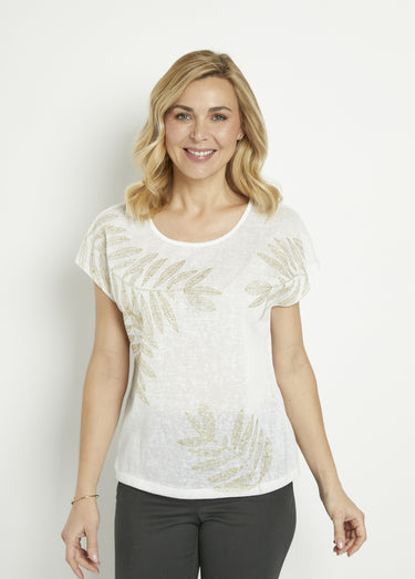 T-shirt col rond maille flammée motif doré Blanc