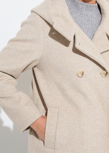 Veste manteau lainage tweed double boutonnage capuche Beige