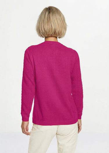 Pull col rond maille ajourée et boules Fuchsia