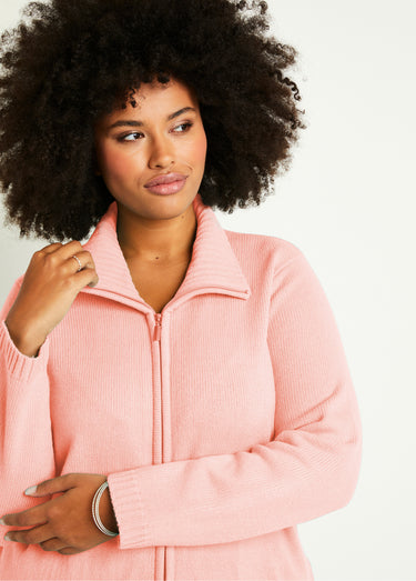 Gilet zippé long uni col montant Rose