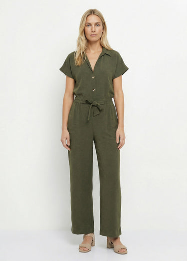 Pantalon souple texturé, noué taille Kaki