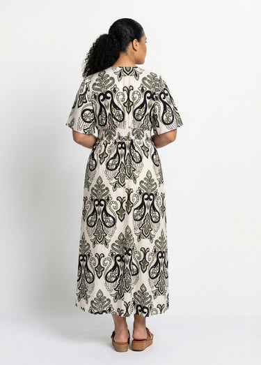 Robe longue décolleté V, imprimé baroque Vert/Blanc