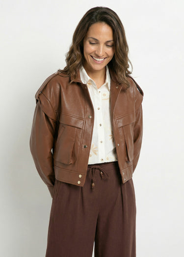 Blouson vintage col montant, simili cuir Chocolat