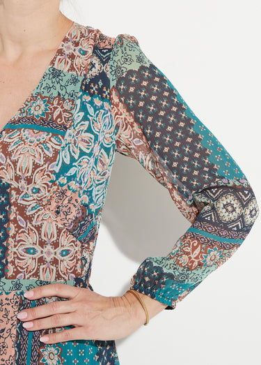 Robe longue voile crépon imprimé patchwork Vert / Écru