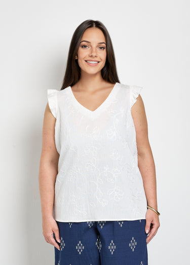 Tunique sans manches broderies fleurs Blanc