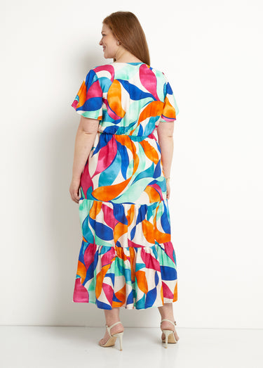 Robe longue cache-coeur volantée manches courtes Orange/Bleu