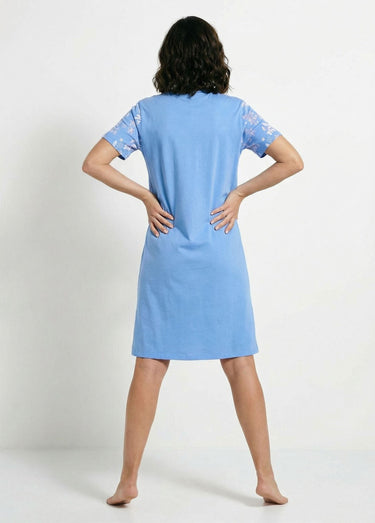 Chemise de nuit courte col tunisien coton Bleu
