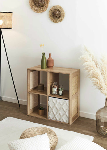 Meuble rangement 4 cases bois et cannage Marron