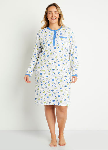 Chemise de nuit boutonnée coton imprimé mi longue Bleu
