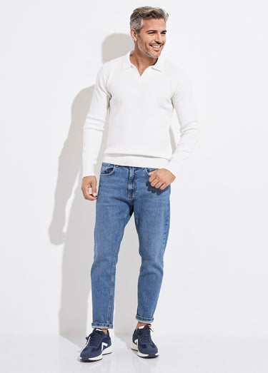 Pull ajusté col polo, manches longues Blanc
