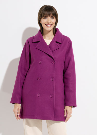 Caban long uni façon drap de laine Prune