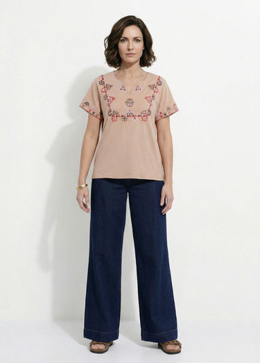 T-shirt manches courtes plastron brodé Beige