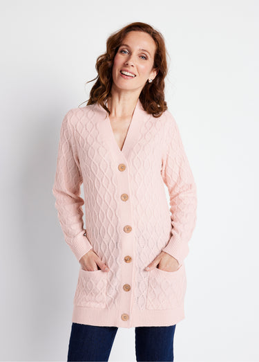 Gilet long boutonné torsades col V Rose