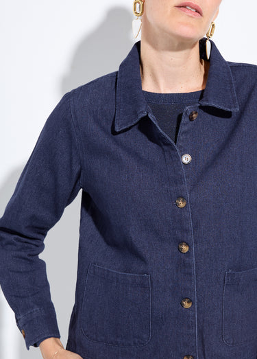 Veste boutonnée en denim, col à pointe Denim Fonce