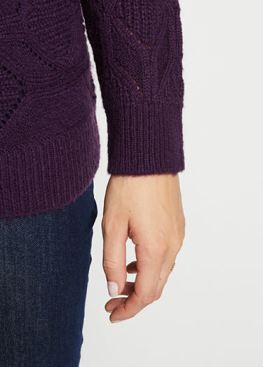 Pull tunique mi long uni col rond maille ajourée Violine
