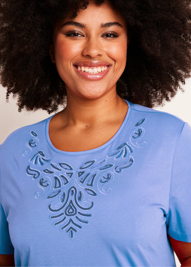 T-shirt court brodé manches courtes Bleu