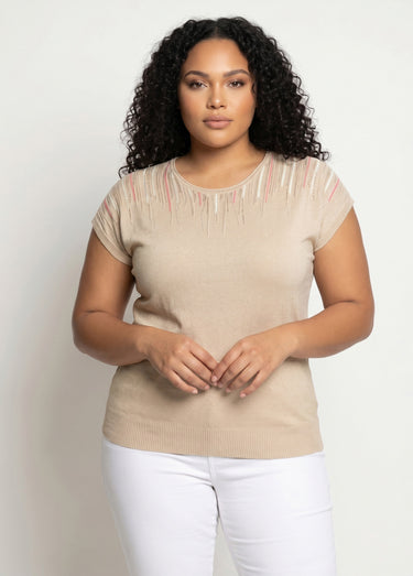 Pull maille scintillante manches kimono Beige