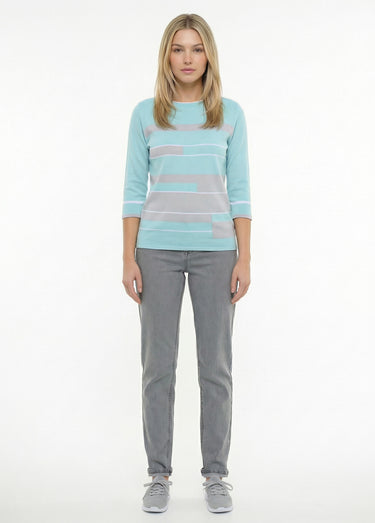 Pull manches 3/4 col bateau jacquard rayé devant Aqua/Gris