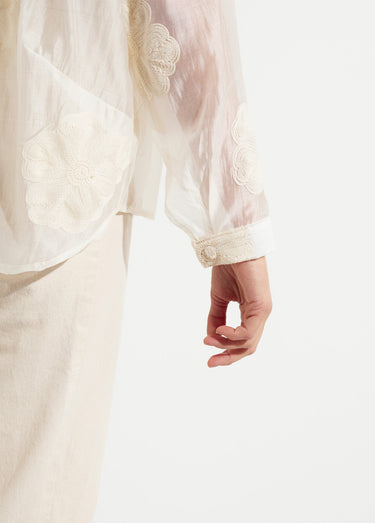 Chemisier en voile, broderies camelias Blanc