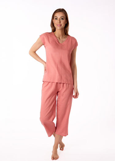 Pyjama avec lin manches courtes col V Peche