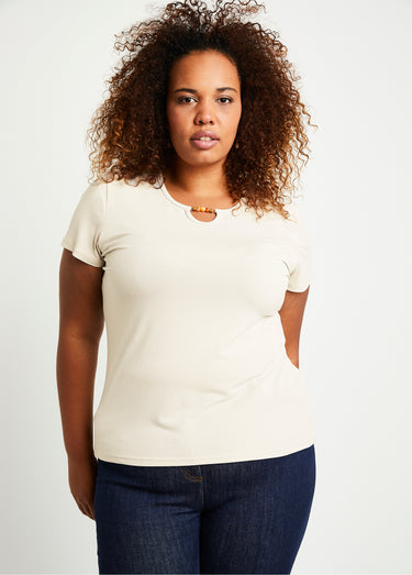 T-shirt court col rond bijou Uni Beige