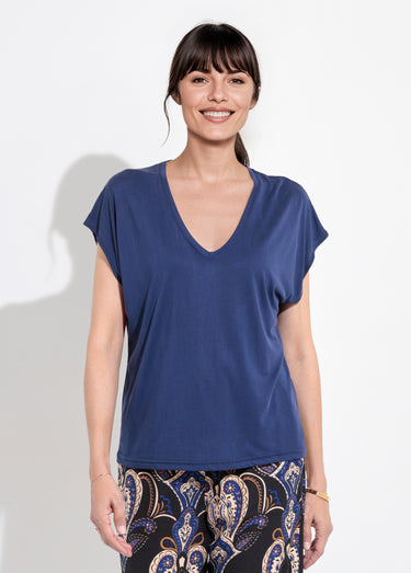 T-shirt fluide manches courtes porté loose Marine
